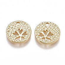 Honeyhandy Brass Charms, Real 18K Gold Plated, Flat Round with Clover, 11x2mm, Hole: 1.5mm