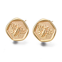 Honeyhandy Brass Stud Earring Findings, with Loop and 925 Sterling Silver Pins, Nickel Free, Real 18K Gold Plated, Flat Round with Bee, 13~13.5x13.5mm, Hole: 2mm, Pin: 0.8mm