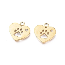 Honeyhandy Ion Plating(IP) 304 Stainless Steel Charms, Manual Polishing, with Crystal Rhinestone, Heart with Dog Paw Printed, Golden, 12x12x1.2mm, Hole: 1.8mm