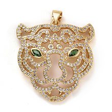 Honeyhandy Brass Micro Pave Clear & Green Cubic Zirconia Pendants, Long-Lasting Plated, Lead Free & Cadmium Free, Tiger Head, Real 18K Gold Plated, 28.5x27x4.5mm, Hole: 5x3mm