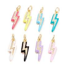 Honeyhandy Brass Micro Pave Clear Cubic Zirconia Pendants, with Enamel & Jump Ring, Long-Lasting Plated, Lightning Bolt, Golden, Mixed Color, 19x5.5x2mm, Hole: 3.6mm