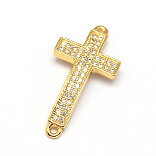 Honeyhandy Curved Latin Sideways Cross Brass Micro Pave Cubic Zirconia Links, Clear, Cadmium Free & Nickel Free & Lead Free, Real 18K Gold Plated, 25x13x2mm, Hole: 1mm