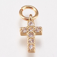 Honeyhandy Brass Micro Pave Cubic Zirconia Tiny Cross Charms, Golden, 9x5x1.5mm, Hole: 2mm