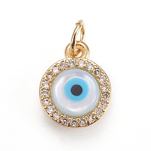 Honeyhandy Brass Micro Pave Cubic Zirconia Charms, with Lampwork, Flat Round with Evil Eye, Golden, 11.5x9x3mm, Hole: 3mm