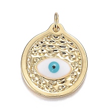 Honeyhandy Brass Enamel Pendants, Long-Lasting Plated, Flat Round with Horse Evil Eye, White, Real 18K Gold Plated, 19.5x16.5x2.5mm, Hole: 3.5mm