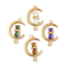 Honeyhandy Brass Cubic Zirconia Pendants, with Glitter Powder Glass & Jump Ring, Long-Lasting Plated, Lead Free & Cadmium Free, Moon & Cat, Real 18K Gold Plated, Mixed Color, 34x23x6.5mm, Jump Ring: 5x0.7mm, Inner Diameter: 3.6mm