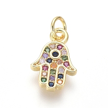 Honeyhandy Brass Micro Pave Cubic Zirconia Charms, with Jump Rings, Hamsa Hand/Hand of Miriam, Colorful, Golden, 11.5x7.5x1.5mm, Hole: 2.5mm