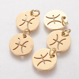 Honeyhandy 304 Stainless Steel Pendants, with Jump Ring, Laser Cut, Flat Round with Constellation/Zodiac Sign, Golden, Pisces, 12x1mm, Hole: 3mm