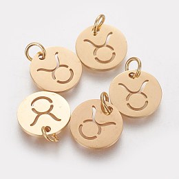 Honeyhandy 304 Stainless Steel Pendants, with Jump Ring, Laser Cut, Flat Round with Constellation/Zodiac Sign, Golden, Taurus, 12x1mm, Hole: 3mm