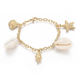 Honeyhandy 304 Stainless Steel Charm Bracelets, with Natural Cowrie Shell, Starfish/Sea Stars with Shell and Conch, Golden, 7-3/4 inch(19.6cm), 4mm