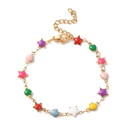 Honeyhandy Enamel Star & Heart Link Chain Bracelet, Vacuum Plating 304 Stainless Steel Jewelry for Women, Colorful, 7-1/8 inch(18cm)