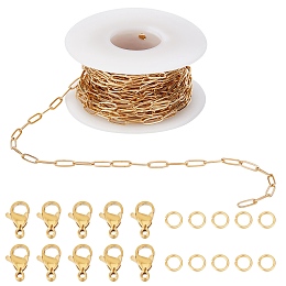 SUNNYCLUE DIY Chain Bracelet Necklace Making Kit, Including Ion Plating(IP) 304 Stainless Steel Paperclip Chains & Jump Rings & Clasps, Golden, Chains: 10x3.5x0.8mm, 10M/set