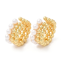 Honeyhandy Rack Plating Brass Cuff Earrings with Plastic Pearl Beaded, Lead Free & Cadmium Free, Long-Lasting, Real 18K Gold Plated, 16x16.5x7.5mm