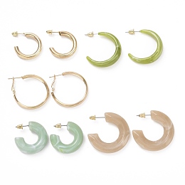 ARRICRAFT C-shape Stud Earrings, Resin Half Hoop Earrings, Open Hoop Earrings for Women, Glden, Mixed Color, 24.5~35x5~10mm, Pin: 0.8mm, 5 pairs/set