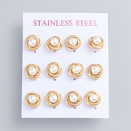 Honeyhandy 304 Stainless Steel Stud Earrings, Love Knot Earrings, with Plastic Imitation Pearl Beads and Ear Nuts, Golden, 11mm, Pin: 0.7mm, 6pairs/card