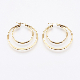 Honeyhandy 201 Stainless Steel Hoop Earrings, with 304 Stainless Steel Pin, Hypoallergenic Earrings, Double Ring, Golden, 12 Gauge, 45x44x2mm, Pin: 0.7x1mm