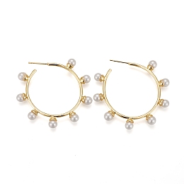 Honeyhandy Brass Stud Earrings, Half Hoop Earrings, with Shell Pearl, Long-Lasting Plated, Ring, Real 18K Gold Plated, 45.5mm, Pin: 1mm