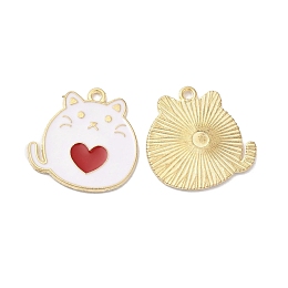 Honeyhandy Alloy Enamel Pendants, Golden, Cat with Heart Charm, White, 23.5x23.5x1.5mm, Hole: 2mm