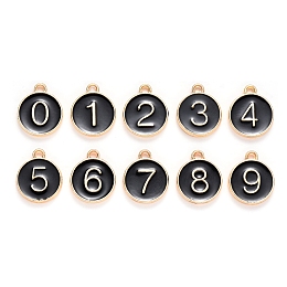 Honeyhandy Light Gold Plated Alloy Enamel Charms, Enamelled Sequins, Flat Round with Number, Number 0~9, Black, 14.5x12x2.5mm, Hole: 1.4mm, 10pcs/set