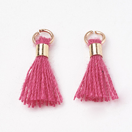 Honeyhandy Polycotton(Polyester Cotton) Tassel Pendant Decorations, Mini Tassel, with Brass Findings, Light Gold, Camellia, 10~15x3~4mm, Hole: 2mm