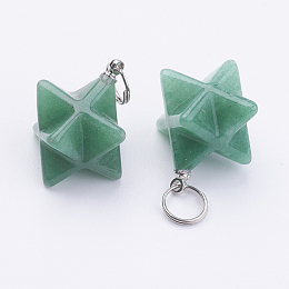 Honeyhandy Natural Green Aventurine Pendants, with 201 Stainless Steel Split Rings, Stainless Steel Color, Merkaba Star, 22~23x16.5~17x19mm, Hole: 6mm