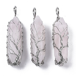 Honeyhandy Natural Rose Quartz Big Wire Wrapped Pendants, with Brass Wires, prismatic with Tree of Life, Platinum, 48~62x14~17x13~18mm, Hole: 4x5~6mm