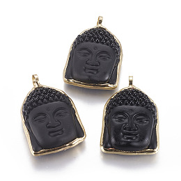 Honeyhandy Glass Pendants, with Brass Findings, Buddha Head, Black, Golden, 56.5~59x38~39x13.5~14mm, Hole: 7.8mm