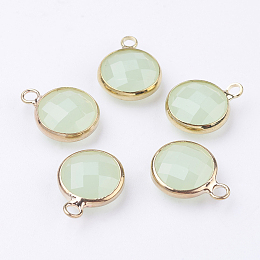 Honeyhandy Golden Tone Brass Glass Flat Round Charms, Faceted, Light Green, 12x8.5x3mm, Hole: 1.5mm