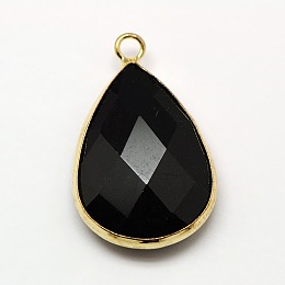 Honeyhandy Golden Tone Brass Glass Teardrop Pendants, Faceted, Black, 18x10x5mm, Hole: 2mm