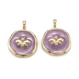 Honeyhandy Brass Enamel Pendants, Long-Lasting Plated, Flat Round with Bee, Lilac, Real 18K Gold Plated, 18.5x13.5x3mm, Hole: 4x2.5mm