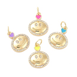 Honeyhandy Brass Micro Pave Clear Cubic Zirconia Pendants, with Enamel, Cadmium Free & Lead Free, Flat Round with Smiling Face, Real 18K Gold Plated, 19x15x3mm