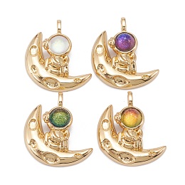 Honeyhandy Brass Glass Pendants, Real 18K Gold Plated, Long-Lasting Plated, Lead Free & Nickel Free & Cadmium Free, Moon with Astronaut, Mixed Color, 22x20x6mm, Hole: 2x4mm