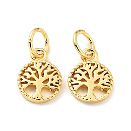 Honeyhandy Rack Plating Brass Pendants, Flat Round with Tree of Life Pattern, with Jump Ring, Cadmium Free & Nickel Free & Lead Free, Real 18K Gold Plated, 10x7.5x1mm, Jump Ring: 5x0.7mm, Hole: 3.6mm