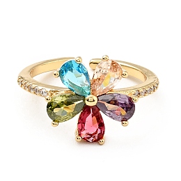 Honeyhandy Colorful Cubic Zirconia Flower Open Ring, Brass Jewelry for Women, Cadmium Free & Lead Free, Real 18K Gold Plated, US Size 7 1/4(17.5mm)