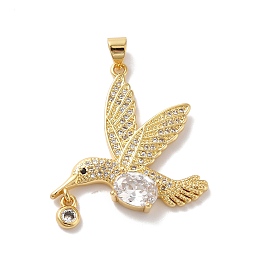 Honeyhandy Rack Plating Brass Micro Pave Cubic Zirconia Pendants, Cadmium Free & Lead Free, Long-Lasting Plated, Real 18K Gold Plated, Bird, Clear, 30x28x5mm, Hole: 4.5x3.5mm