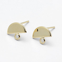 Honeyhandy Brass Stud Earring Findings, with Loop and Flat Plate, Steel Pins, Long-Lasting Plated, Nickel Free, Real 18K Gold Plated, Semicircle, 8x10x1mm, Hole: 1.5mm, Pin: 0.8mm