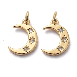 Honeyhandy Brass Micro Pave Clear Cubic Zirconia Charms, with Jump Rings, Moon with Star, Golden, 13.5x9.5x1.5mm, Hole: 3mm