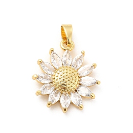 Honeyhandy Brass Micro Pave Clear Cubic Zirconia Pendants, with Glass, Sunflower, Real 18K Gold Plated, 19x17x3.5mm, Hole: 5x3mm