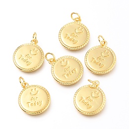 Honeyhandy Brass Pendants, Flat Round with Smiling Face and Word For Today, Real 18K Gold Plated, 17x14x1.4mm, Hole: 3.4mm