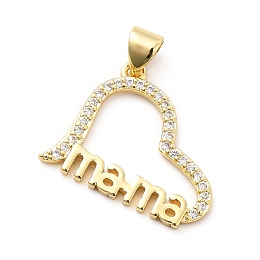 Honeyhandy Rack Plating Brass Micro Pave Cubic Zirconia Pendants, Heart with Word mama Charm for Mother's Day, Long-Lasting Plated, Cadmium Free & Lead Free, Real 18K Gold Plated, 22x17.5x1.5mm, Hole: 3x4mm