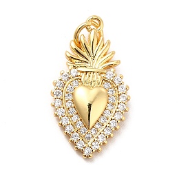 Honeyhandy Rack Plating Brass Micro Pave Cubic Zirconia Pendants, Sacred Heart Charm, Mexican Milagro Flaming Holy Heart Charm, Long-Lasting Plated, with Jump Rings, Cadmium Free & Lead Free, Real 18K Gold Plated, 22.5x12.5x2.5mm, Hole: 3mm