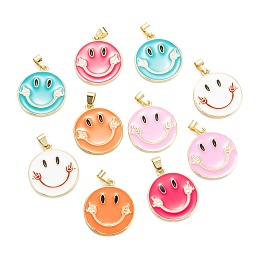 Honeyhandy Brass Enamel Pendants, Real 18K Gold Plated, Long-Lasting Plated, Flat Round with Smiling Face, Mixed Color, 27x24.5x2.5mm, Hole: 5x3.5mm