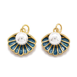 Honeyhandy Brass Enamel Pendants, with Shell Bead and Jump Ring, Long-Lasting Plated, Real 18K Gold Plated, Shell Shape, Marine Blue, 15.5x15.3x8mm, Hole: 3.8mm