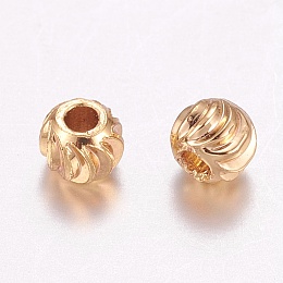 Honeyhandy Brass Corrugated Beads, Round, Long-Lasting Plated, Real 24K Gold Plated, 3x2.5mm, Hole: 1mm