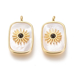 Honeyhandy Natural White Shell Pendants, with Natural Black Agate and Brass Findings, Long-Lasting Plated, Real 18K Gold Plated, Rectangle with Sun, 27x16.8x6mm, Hole: 3mm