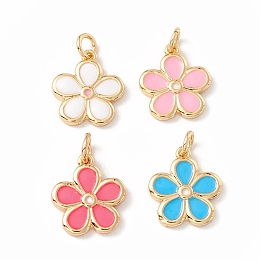 Honeyhandy Brass Enamel Pendants, with Jump Rings, Cadmium Free & Lead Free, Long-Lasting Plated, Real 18K Gold Plated, Flower, Mixed Color, 14x12.5x2mm, Hole: 3mm