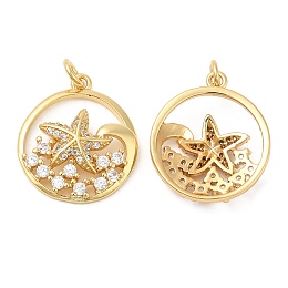 Honeyhandy Brass Micro Pave Cubic Zirconia Pendants, Flat Round & Starfish, Real 18K Gold Plated, 20x18x4.5mm, Hole: 3mm