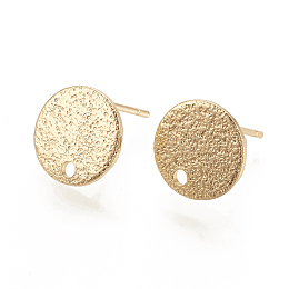 Honeyhandy Hammered Brass Stud Earring Findings, Flat Round, Nickel Free, Real 18K Gold Plated, 10mm, Hole: 1mm, Pin: 0.6mm