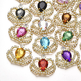 ARRICRAFT Brass Cabochons, with Acrylic Rhinestone and Glass Rhinestone, Crown, Golden, Mixed Color, 28~29x35~38x6mm