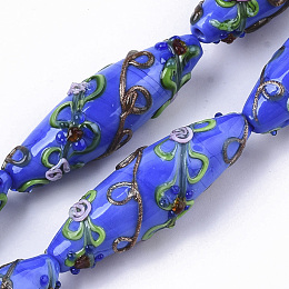 Honeyhandy Handmade Gold Sand Lampwork Beads Strands, Bumpy, Rice with Flower Pattern, Blue, 45~47.5x14.5~15.5mm, Hole: 1.5mm, about 10pcs/Strand, 17.72 inch